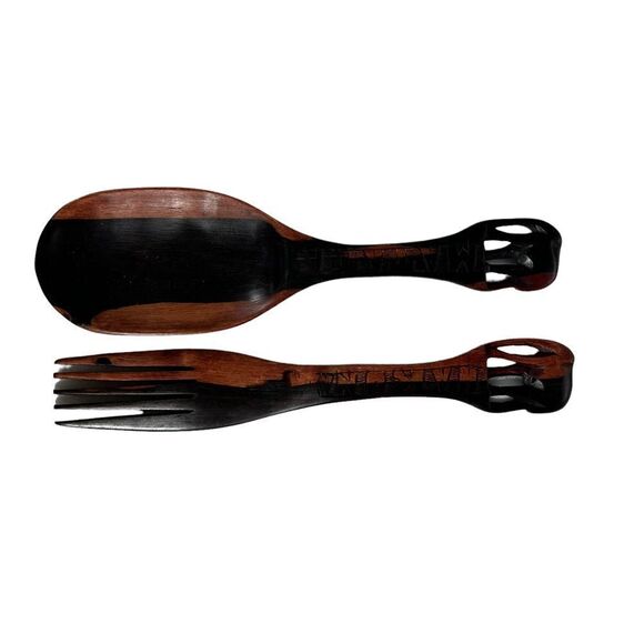 Hakuna Matata Hand Carved Wooden 12 Inch Salad Set - Picture 2 of 6
